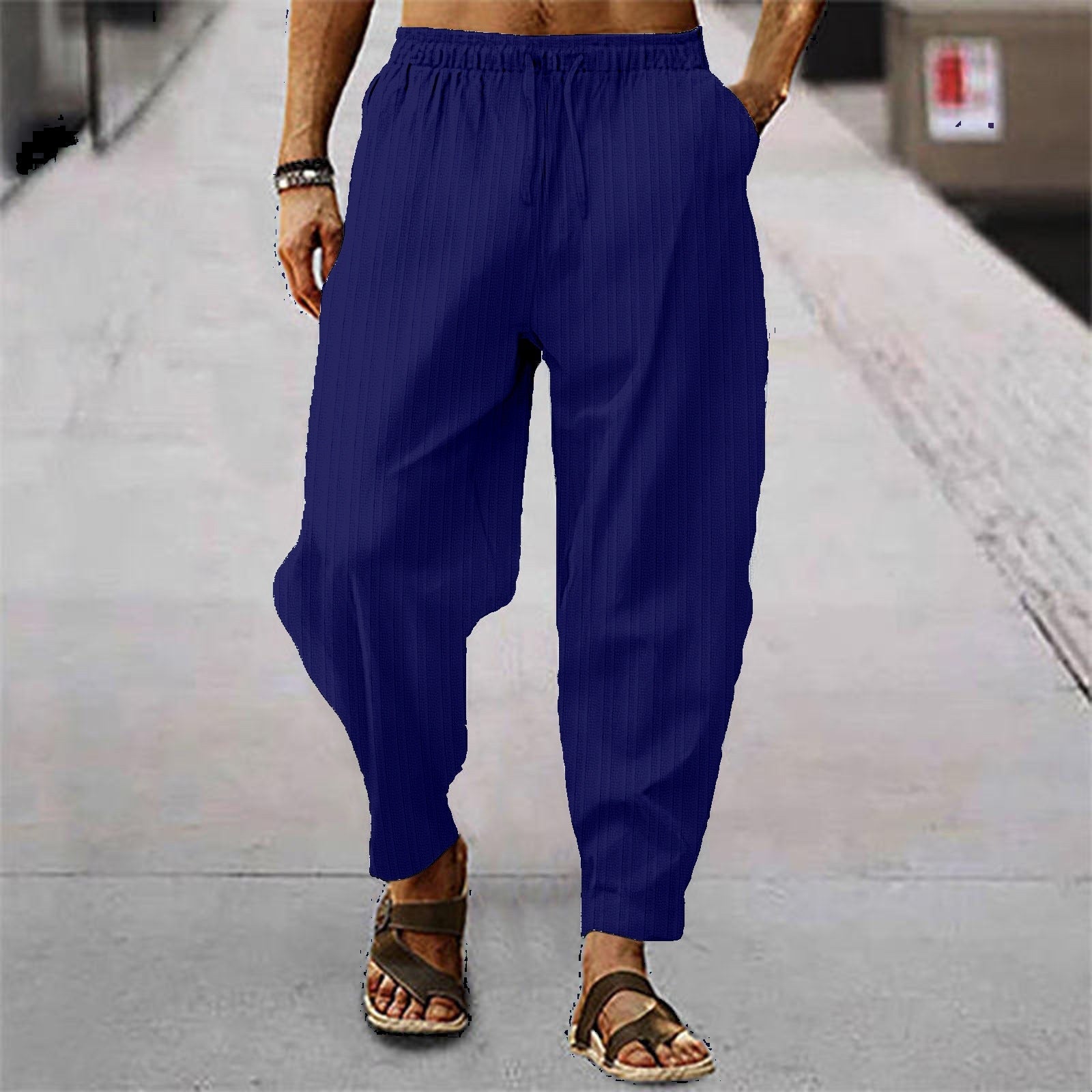 Cotton And Linen Stripes Loose Leisure Sports Trousers