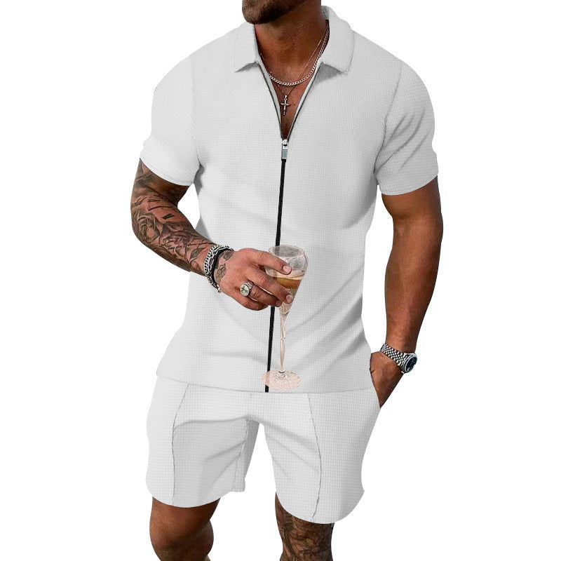Men's European And American Zipper Short-sleeved Shorts Suit