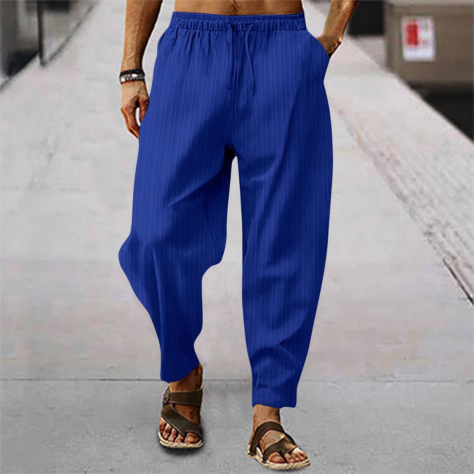 Cotton And Linen Stripes Loose Leisure Sports Trousers