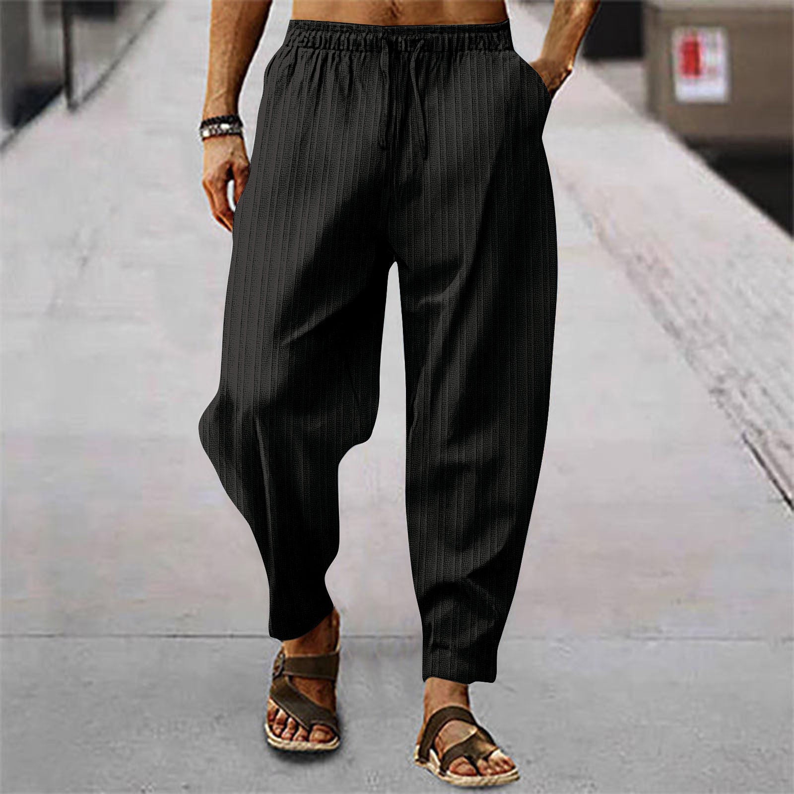 Cotton And Linen Stripes Loose Leisure Sports Trousers