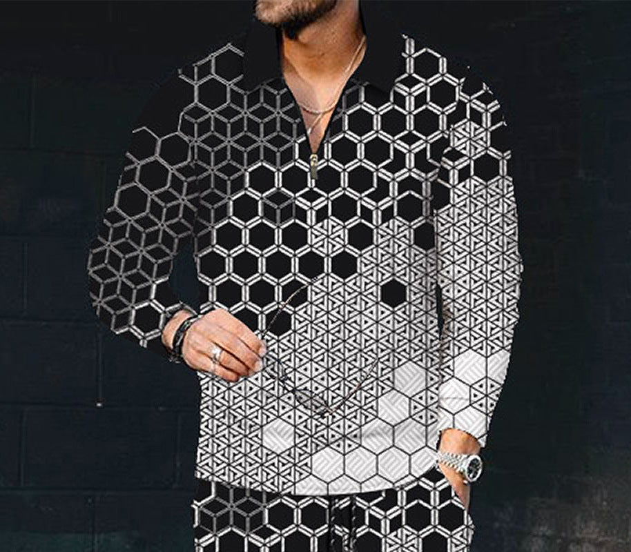 European And American Men's Printing Lapel Long Sleeve
