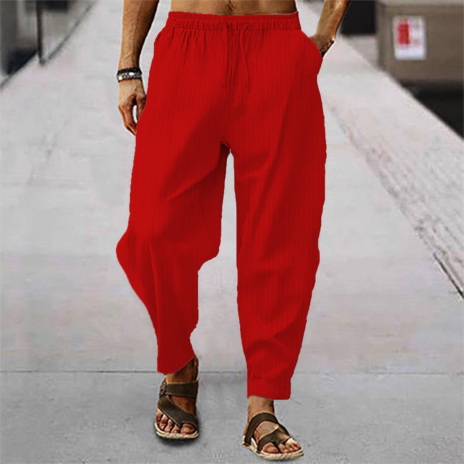 Cotton And Linen Stripes Loose Leisure Sports Trousers