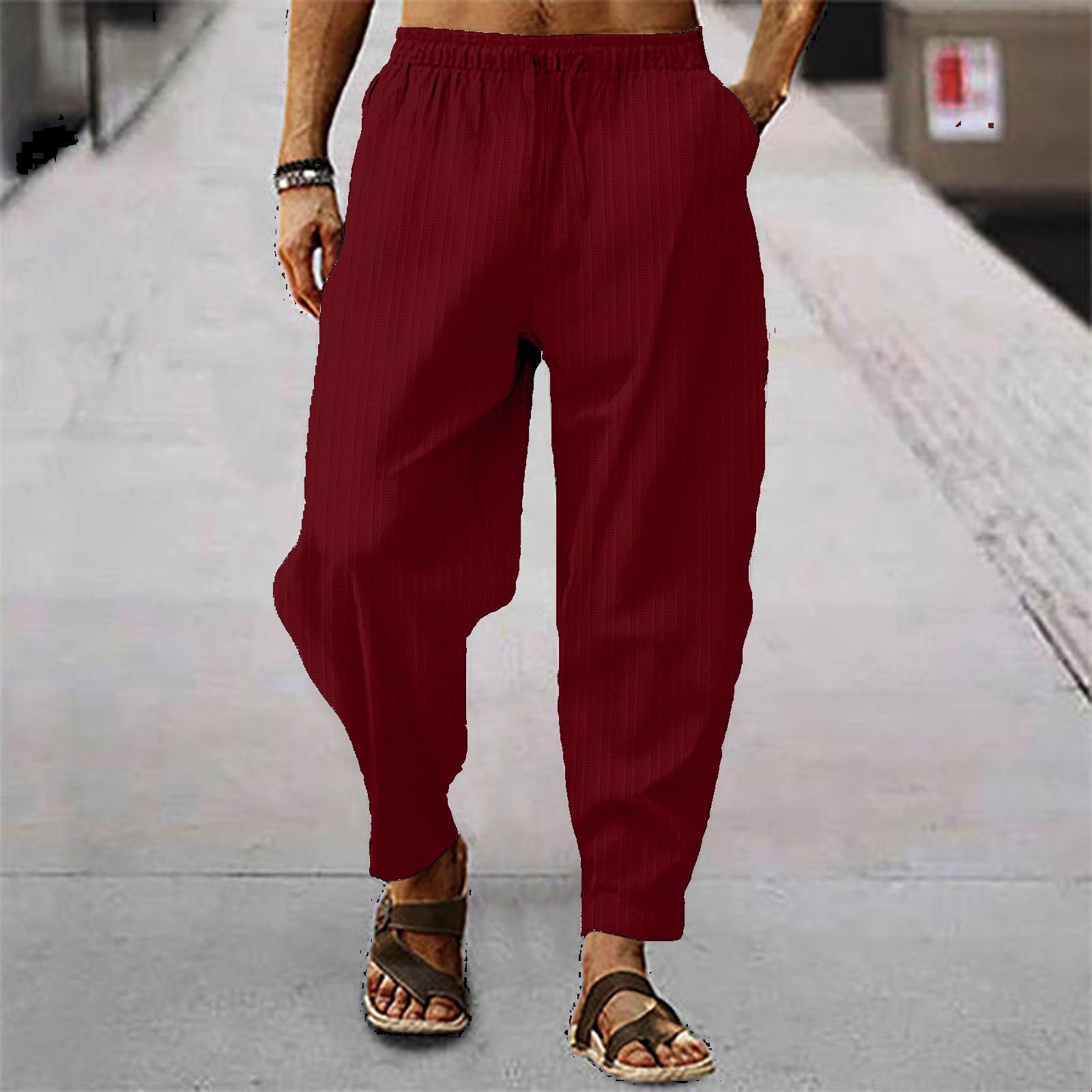 Cotton And Linen Stripes Loose Leisure Sports Trousers
