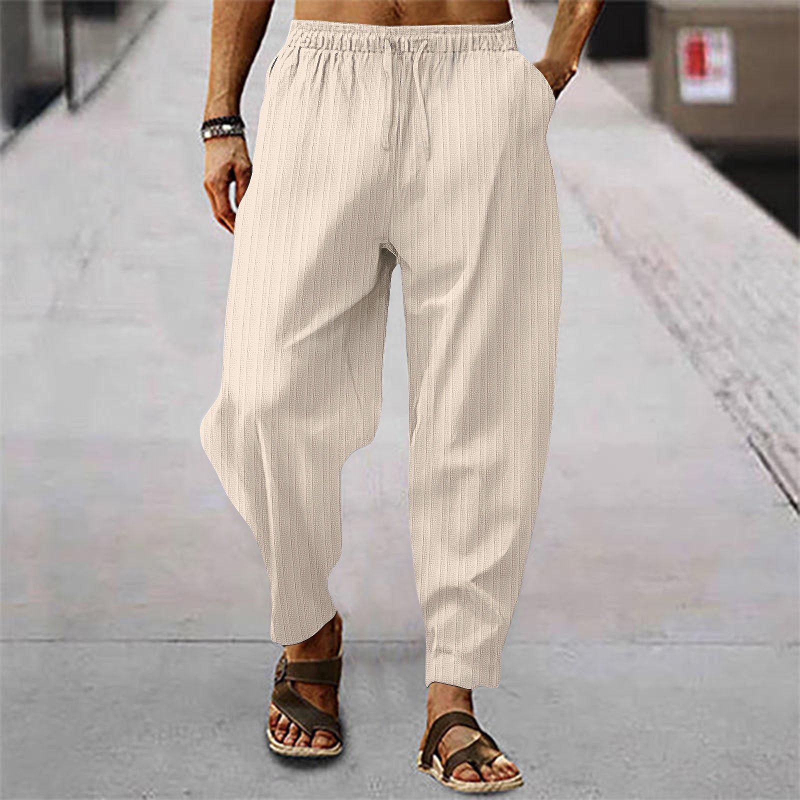 Cotton And Linen Stripes Loose Leisure Sports Trousers