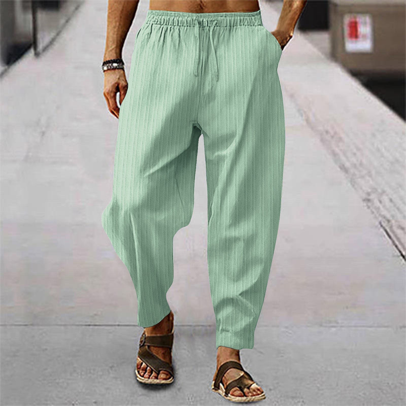 Cotton And Linen Stripes Loose Leisure Sports Trousers