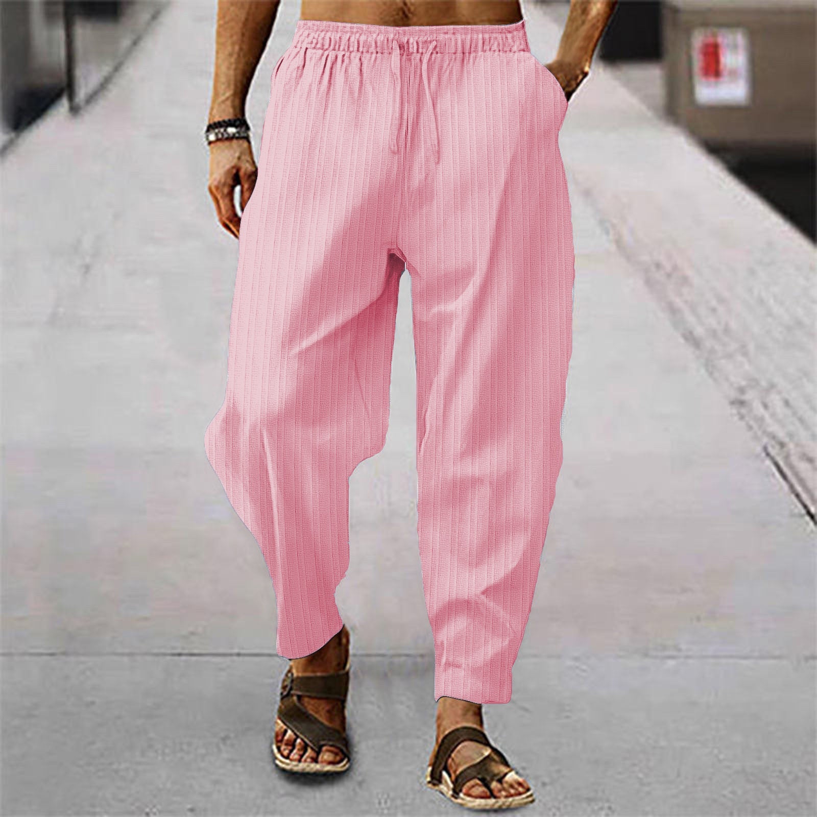 Cotton And Linen Stripes Loose Leisure Sports Trousers