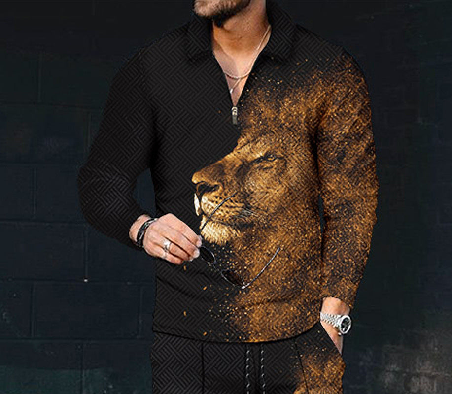 European And American Men's Printing Lapel Long Sleeve