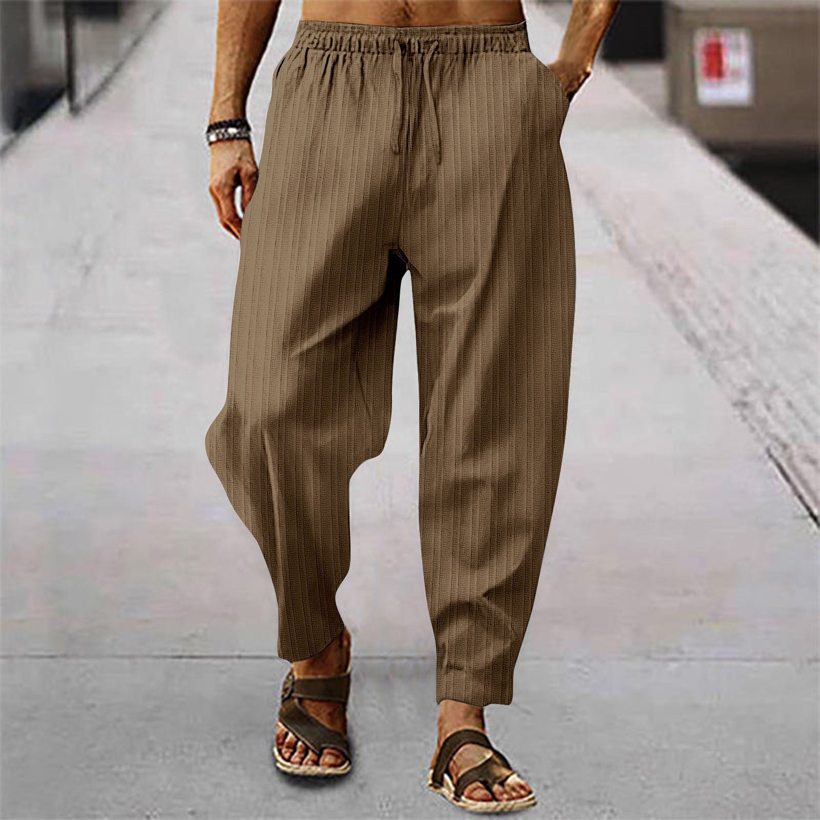 Cotton And Linen Stripes Loose Leisure Sports Trousers