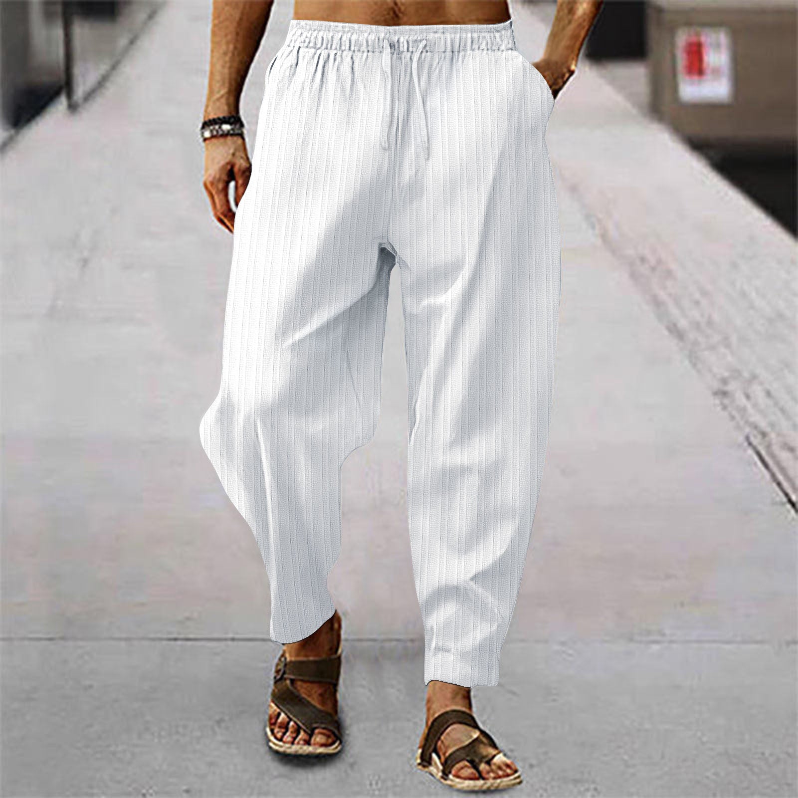 Cotton And Linen Stripes Loose Leisure Sports Trousers