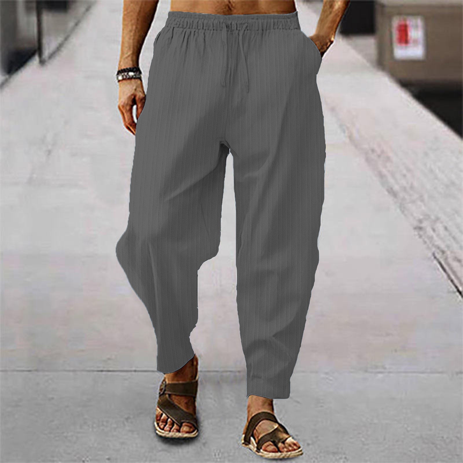 Cotton And Linen Stripes Loose Leisure Sports Trousers
