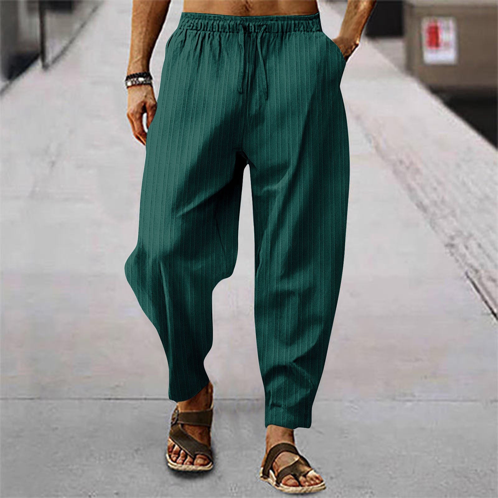 Cotton And Linen Stripes Loose Leisure Sports Trousers