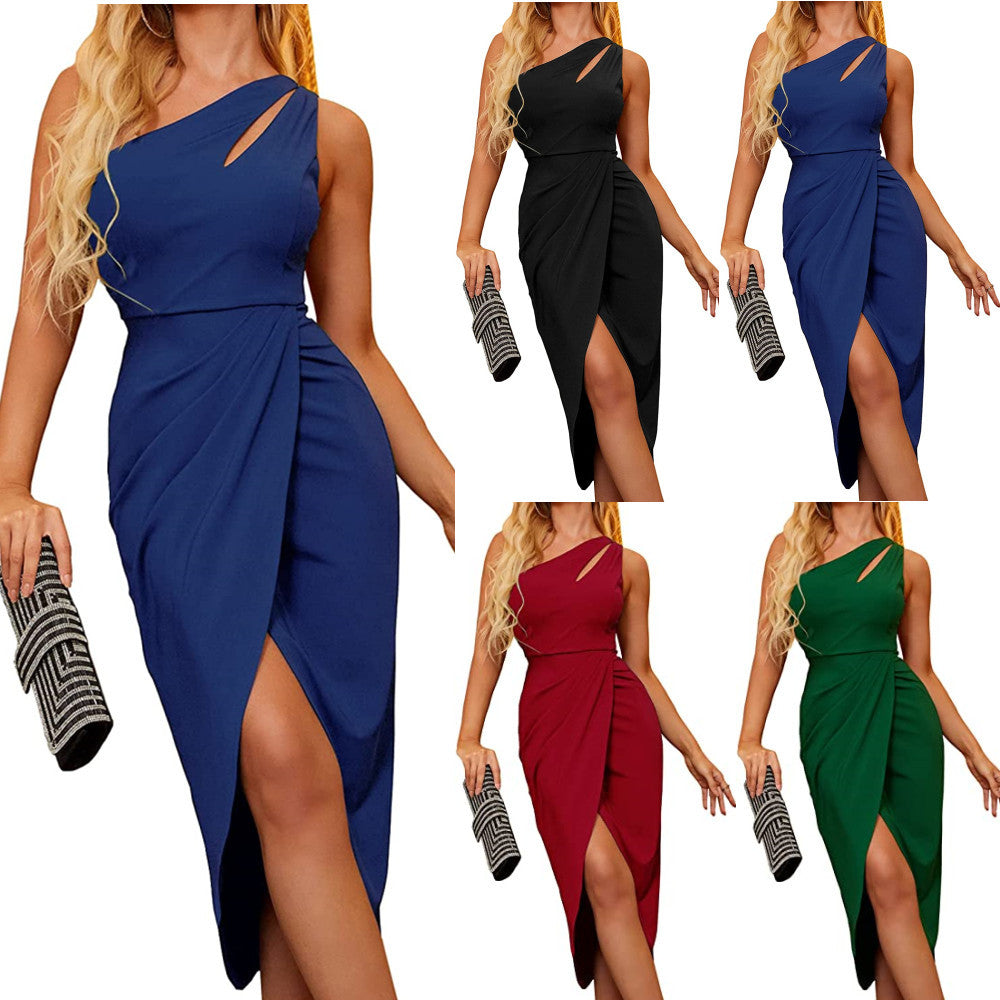 One Shoulder Hollowed Out Pleats Tight Sleeveless Slit Party Dress Skirt Women