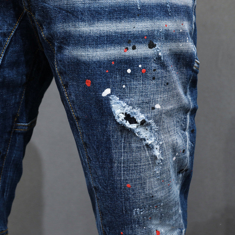 Men's Fashion All-match Ripped Scratched Embroidery Stretch Jeans