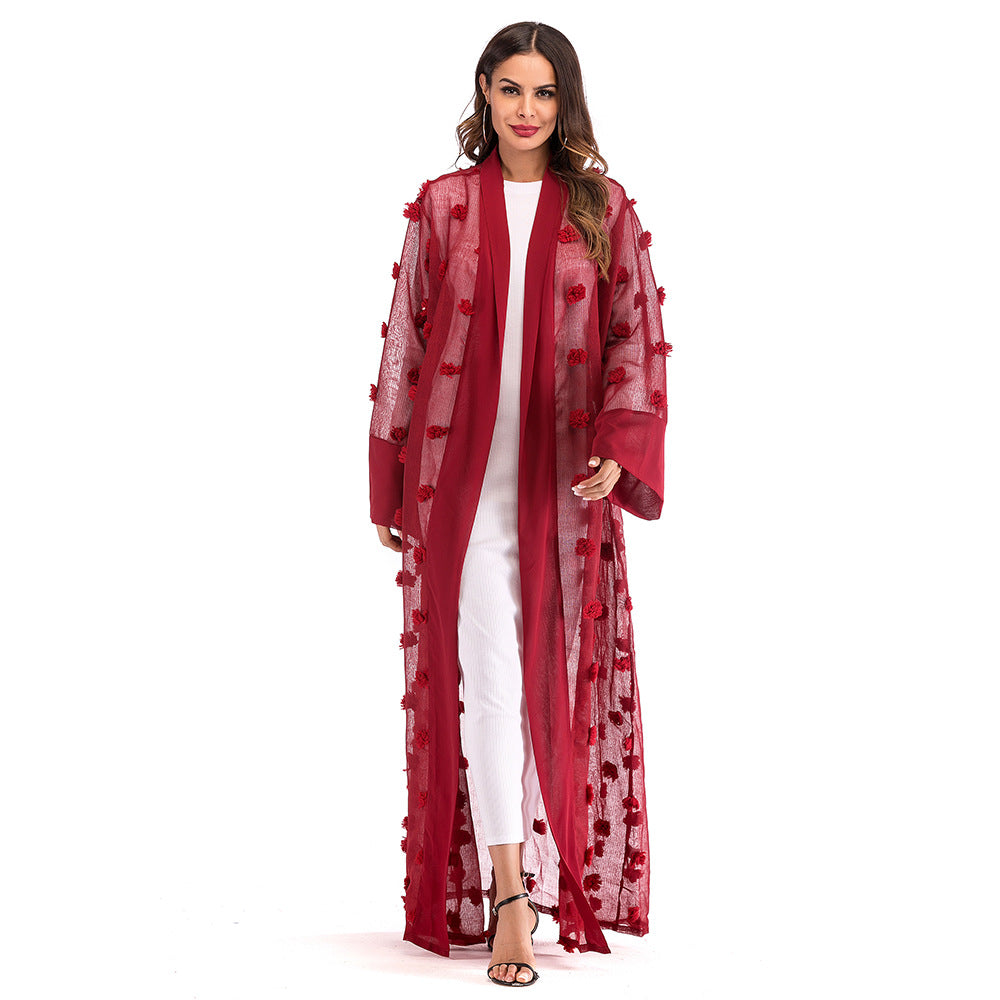 3D Floral Mesh Loose Lace Up Long Sleeved Cardigan Robe For Women