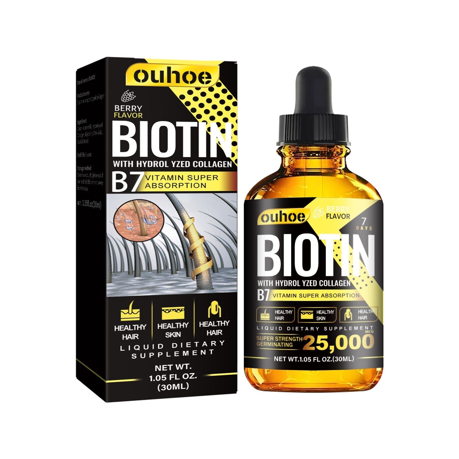 BIOTIN - RESEARCH Liquid Biotin & Collagen Hair Growth Drops  - Biotin And Liquid Collagen Supplement For Men & Women - Glowing Skin Support, Healthy Hair & Nail Growth