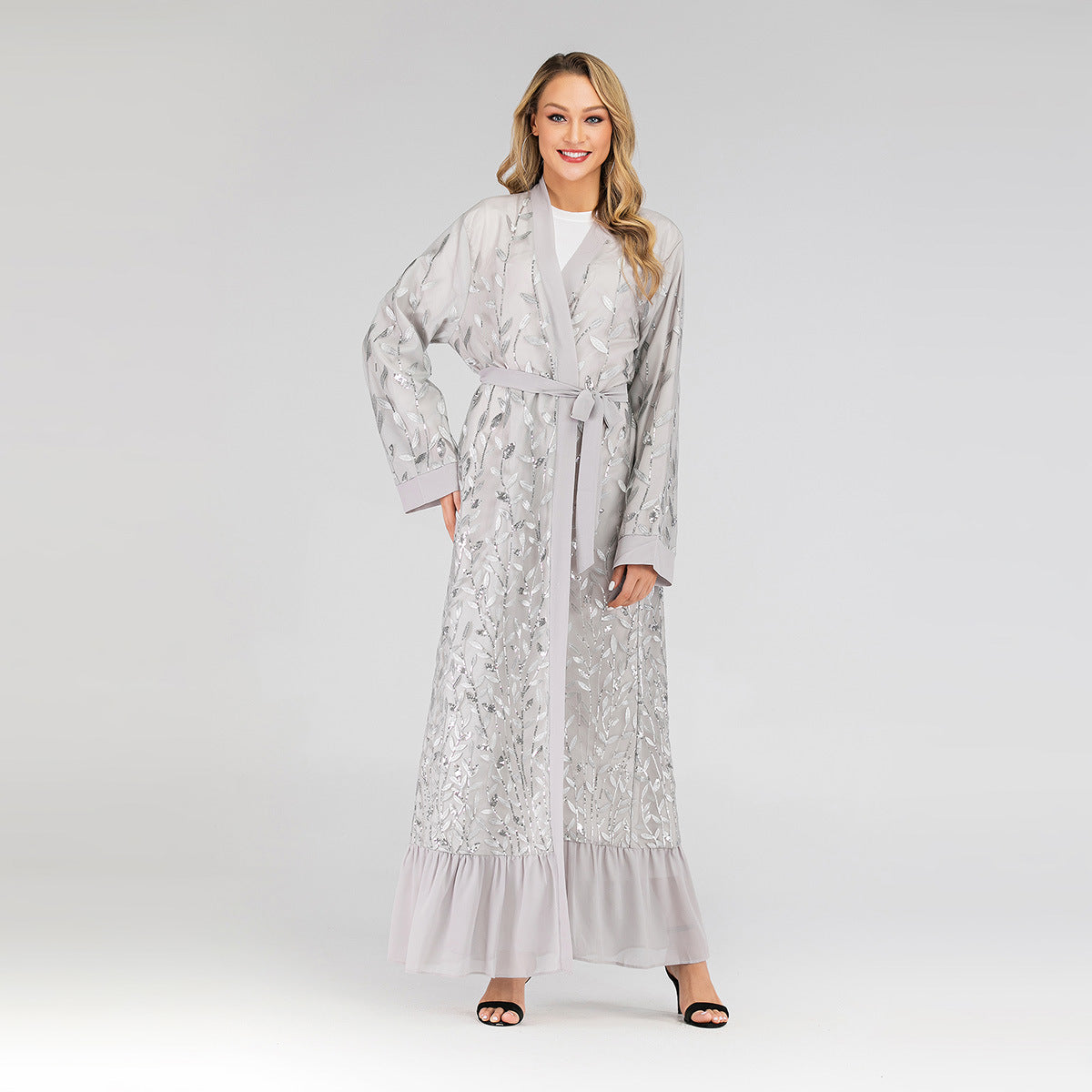 Lace Temperament Cardigan Embroidered Leaves Middle East Sequined Robe