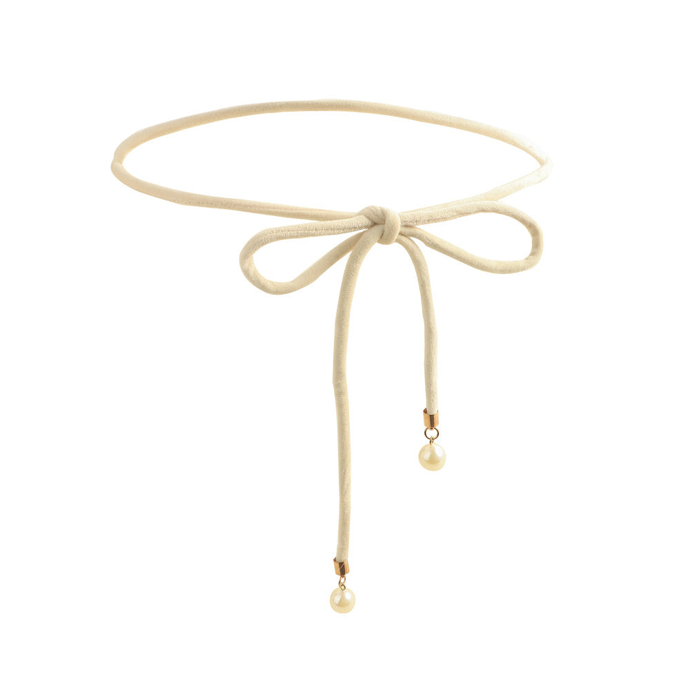 Simple Lady Velvet Bow Thin Waist With Pearl Pendant Multi-color Cute Sweet Waist Belt Chain