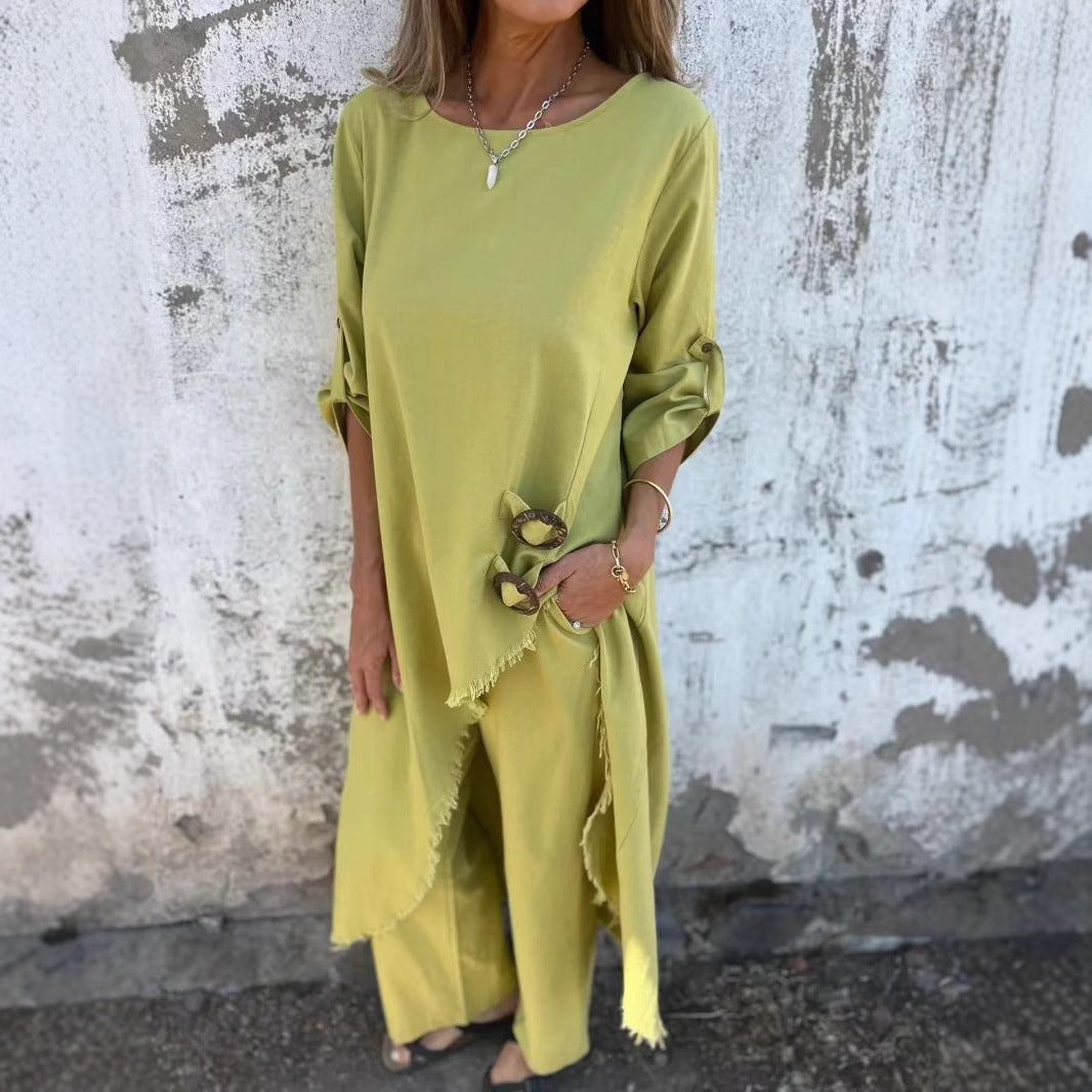 Loose Irregular Long Suit With Metal Button Design Round Neck Long-sleeved Top And Straight Trousers Fashion Wide-leg Pants Women's Clothing fashion suit