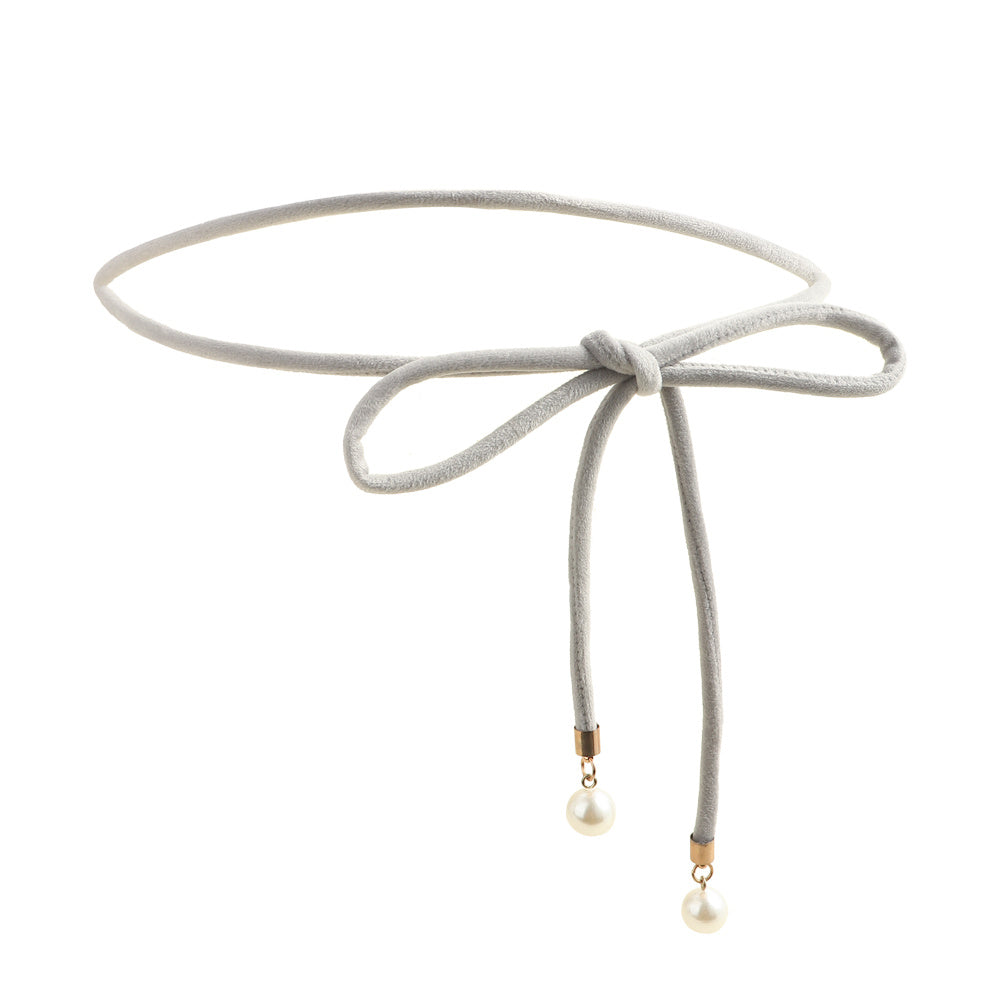 Simple Lady Velvet Bow Thin Waist With Pearl Pendant Multi-color Cute Sweet Waist Belt Chain
