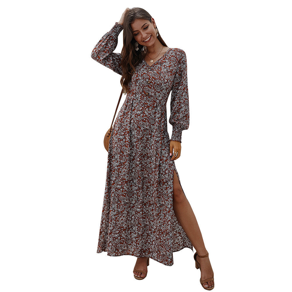 Ladies V-neck Long Sleeve Printed Dress