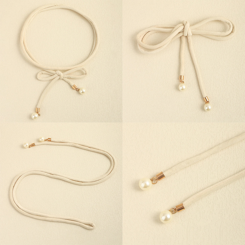 Simple Lady Velvet Bow Thin Waist With Pearl Pendant Multi-color Cute Sweet Waist Belt Chain