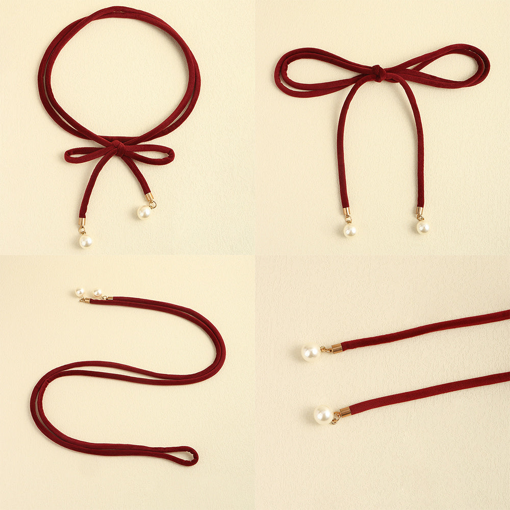 Simple Lady Velvet Bow Thin Waist With Pearl Pendant Multi-color Cute Sweet Waist Belt Chain