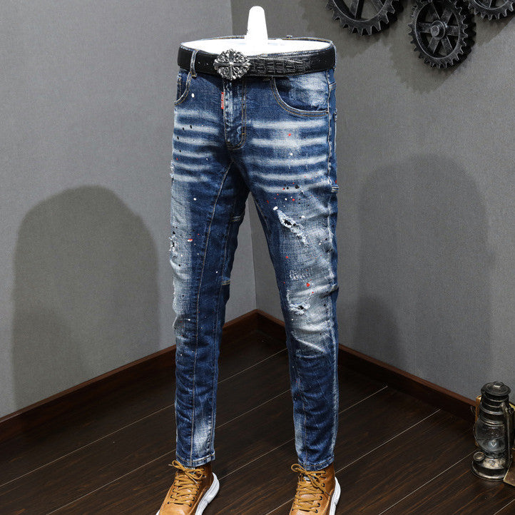 Men's Fashion All-match Ripped Scratched Embroidery Stretch Jeans
