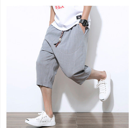 Cropped Linen Casual Solid Color Cotton Linen Harem Pants Loose Men's Pants