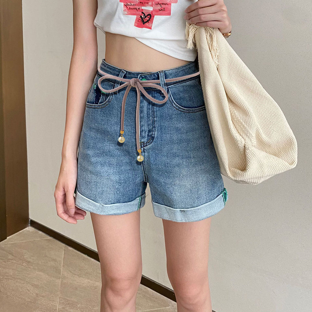 Simple Lady Velvet Bow Thin Waist With Pearl Pendant Multi-color Cute Sweet Waist Belt Chain