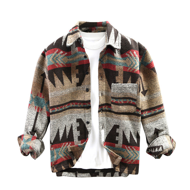 Autumn Winter Japanese Vintage Color Matching Woolen Casual Shirt Men's Coat