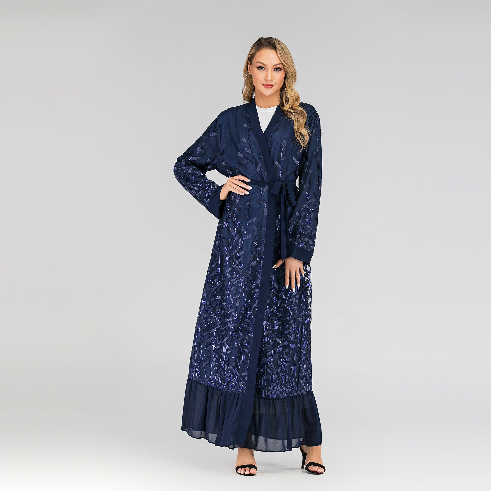 Lace Temperament Cardigan Embroidered Leaves Middle East Sequined Robe