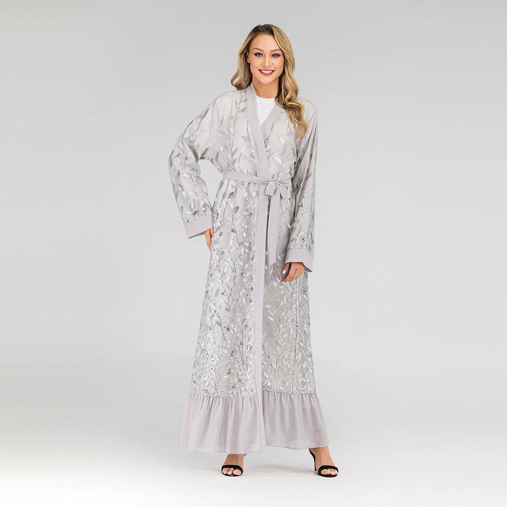 Lace Temperament Cardigan Embroidered Leaves Middle East Sequined Robe