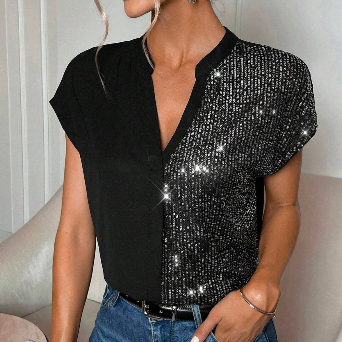 Women's Sequin V-neck Shirt Top