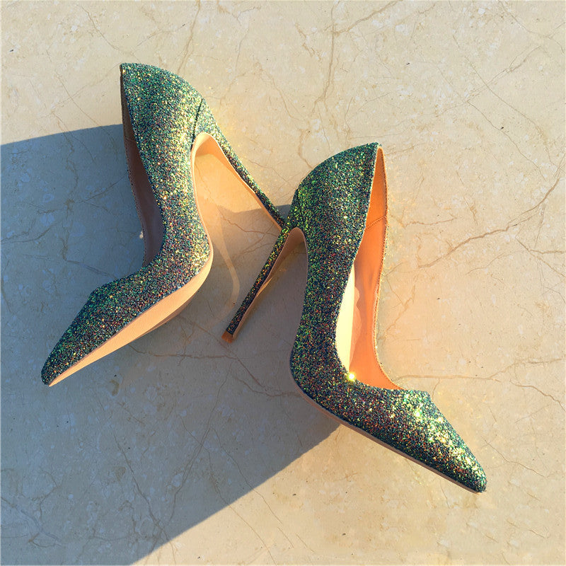 Women's Stiletto Heel Pointed-toe Fashion Sequined Green High Heels